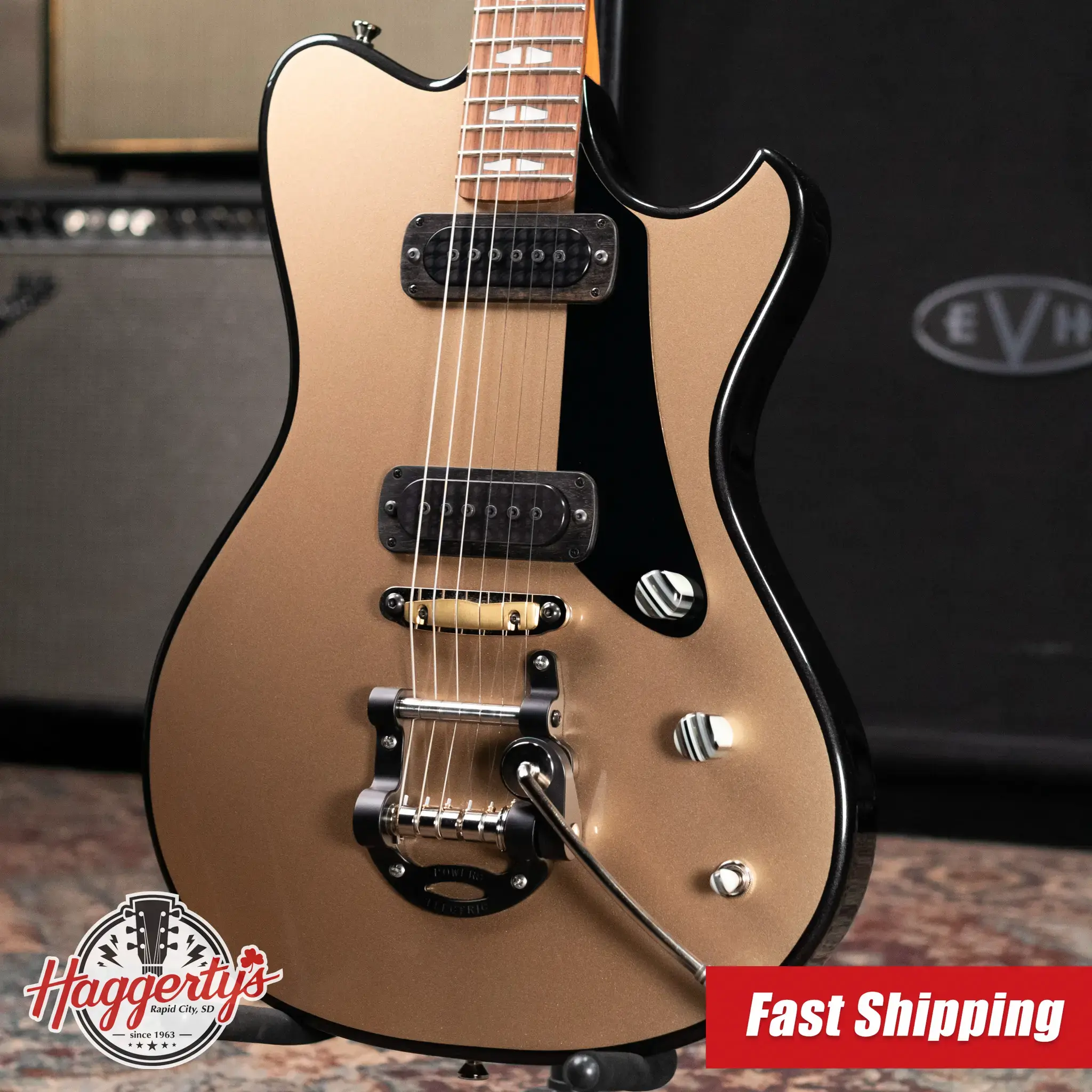 Powers Electric A-Type FF42 Hollow Body Electric Guitar - Casablanca Beige/Black Metallic with Gig Bag