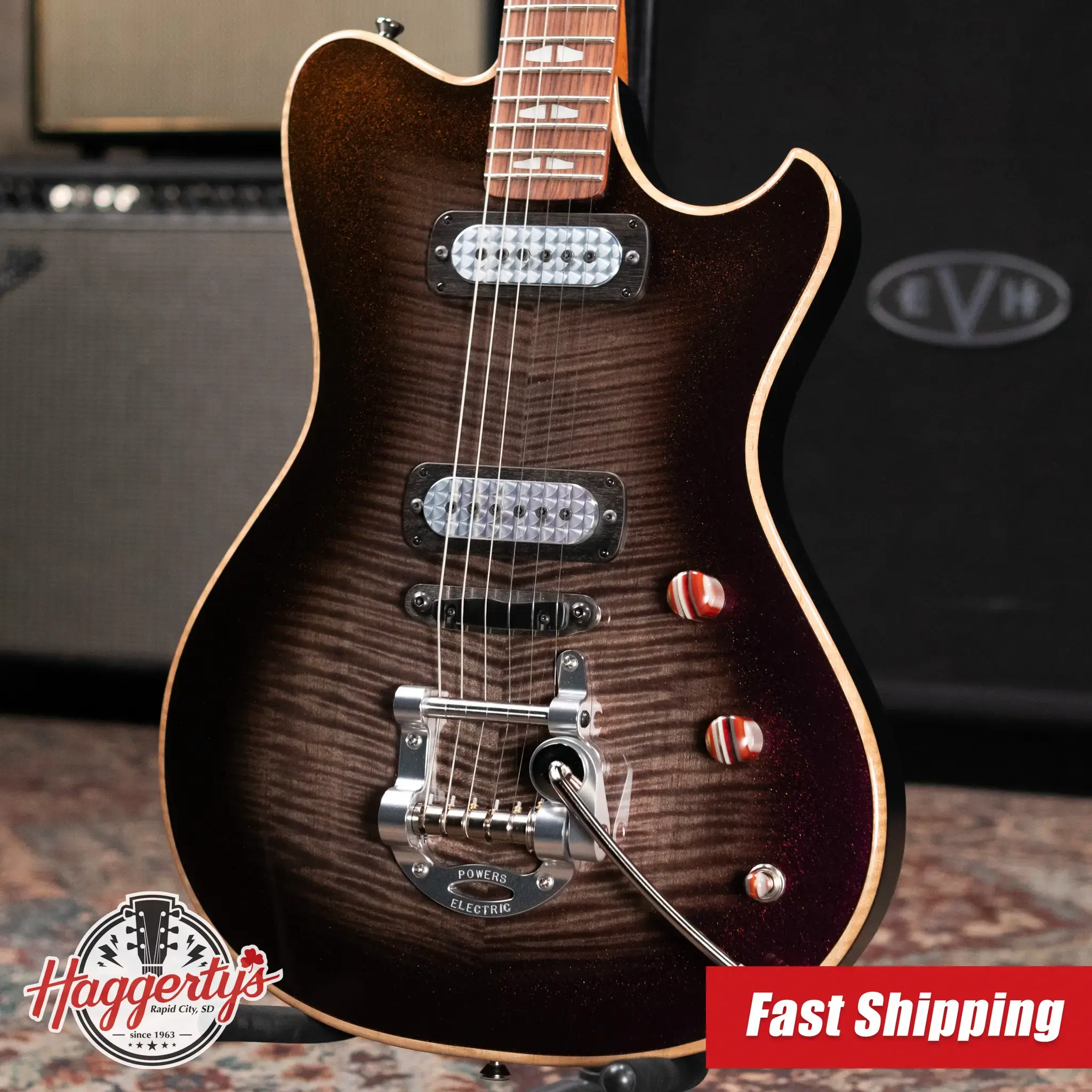 Powers Electric A-Type FF42 Hollow Body Electric Guitar - Chroma Silver Cranberry with Gig Bag