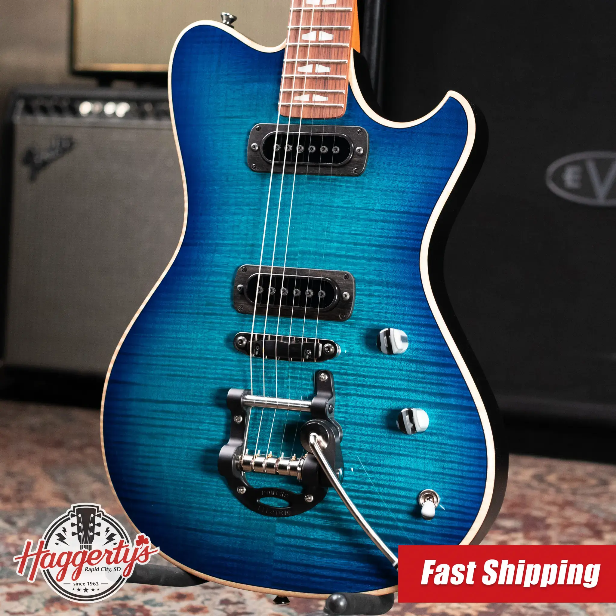 Powers Electric A-Type PF42 Hollow Body Electric Guitar - Blue Lagoon with Leather Gig Bag