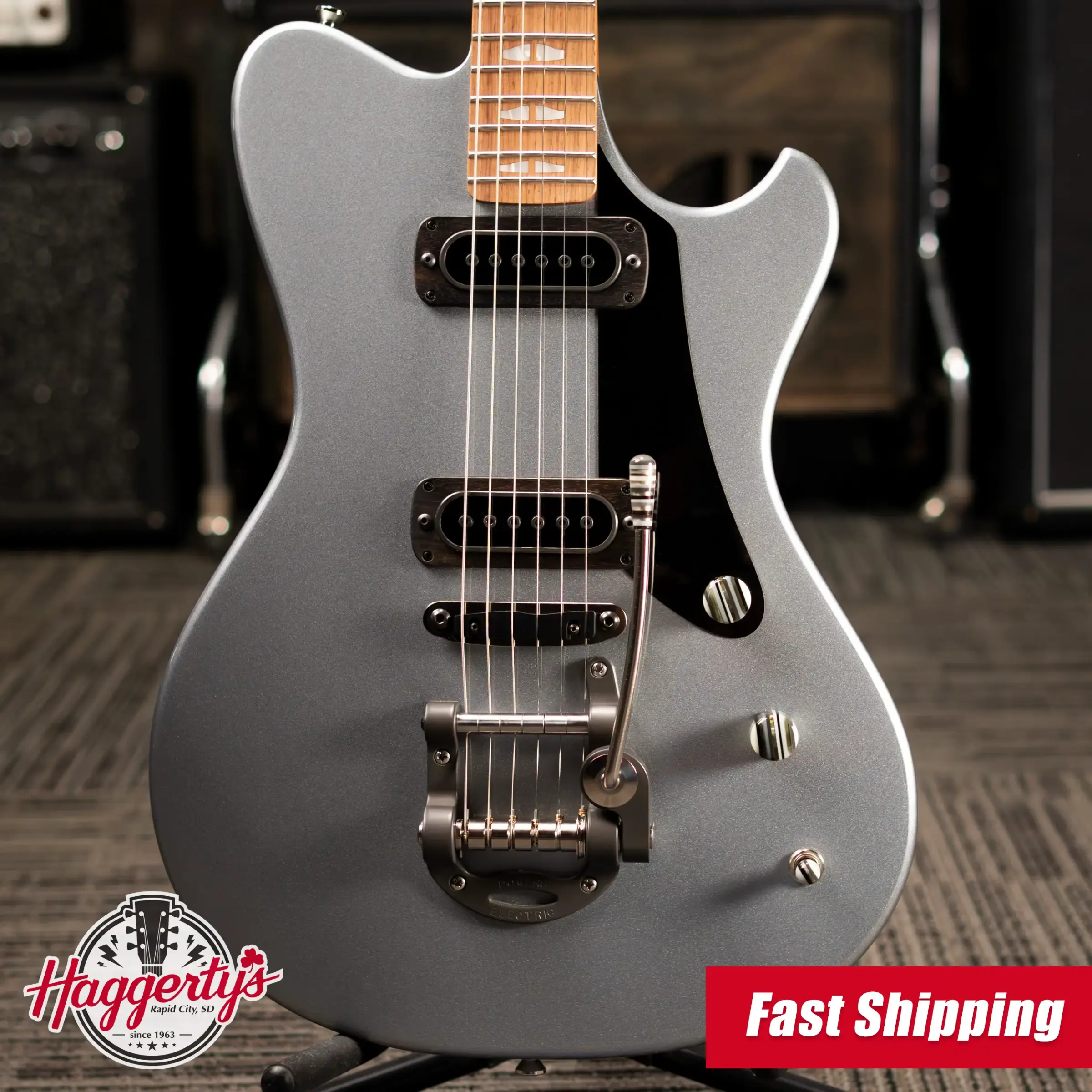 Powers Electric A-Type PF42 Hollow Body Electric Guitar - Liquid Metal Chrome Blue with Gig Bag