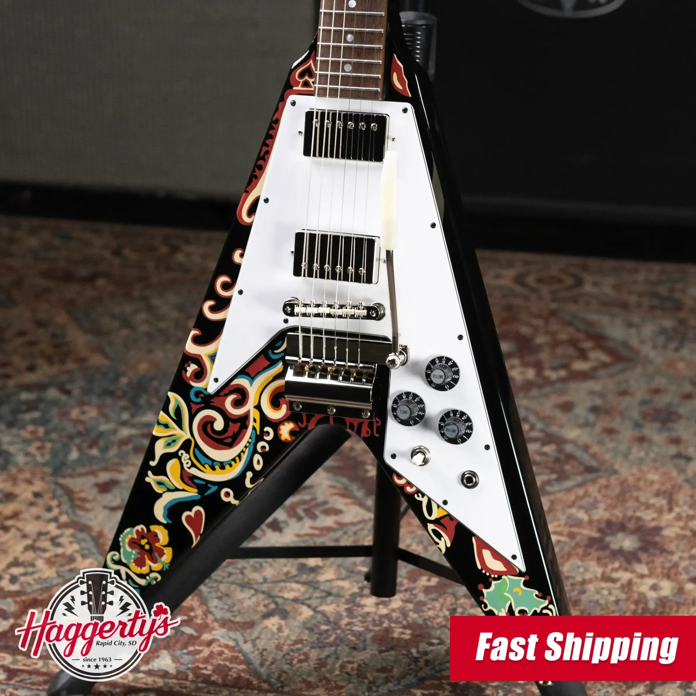 Epiphone Jimi Hendrix Love Drops Flying V Electric Guitar - Ebony with Hardshell Case