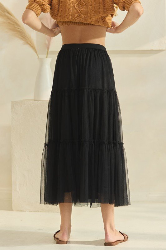 Black Tiered Mesh Maxi Skirt