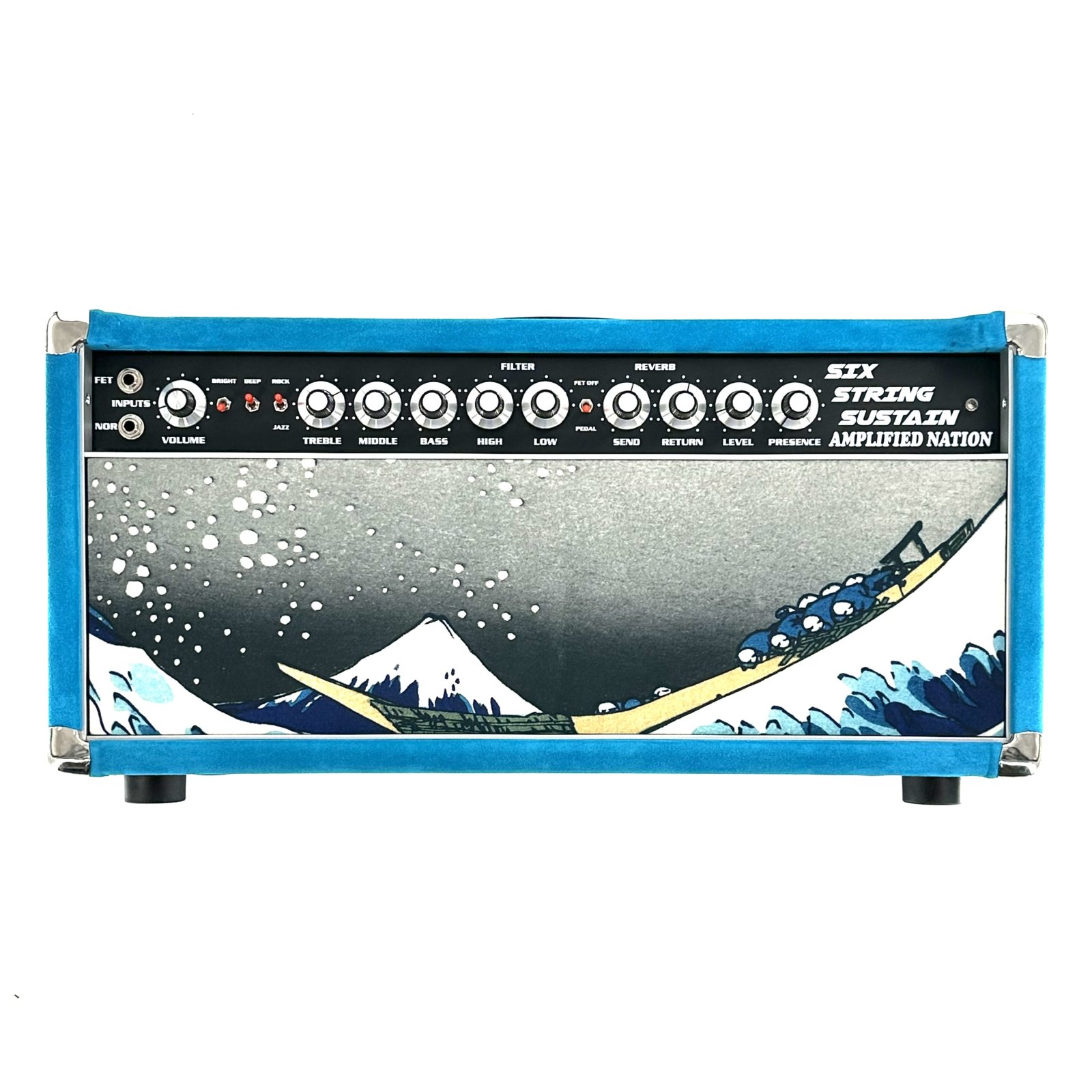 Used Amplified Nation Six String Sustain 50 Watt Head w/2x12 Cab Turquoise Suede / Hokusai Wave 