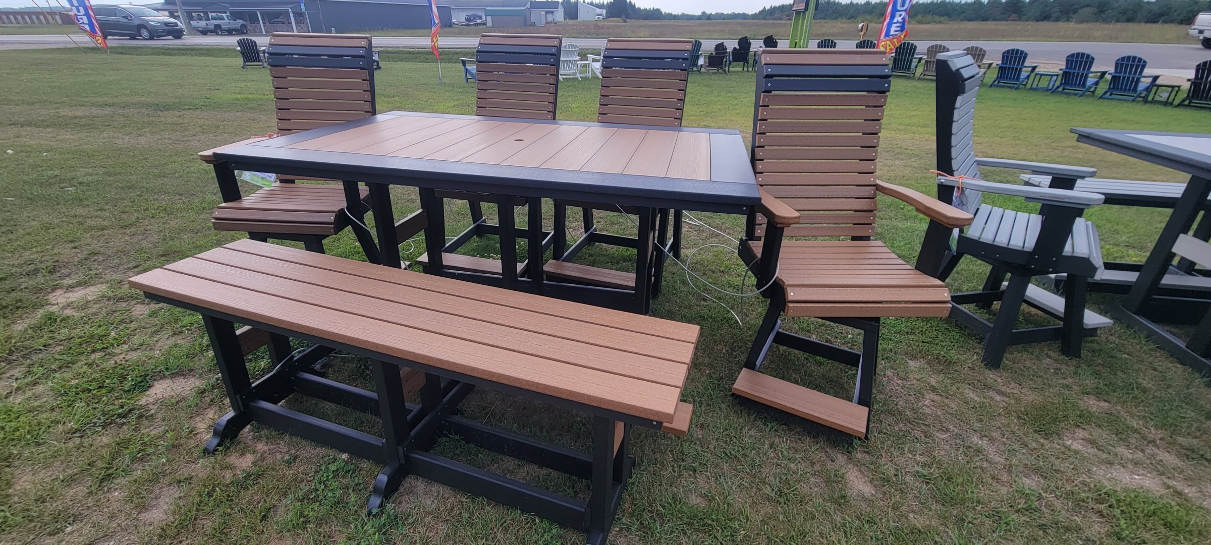 Poly Counter Height Rectangle Table 44X72 with 2 Swivel High Back Chairs, 2 Stationary High Back Chairs, and 1 Bench