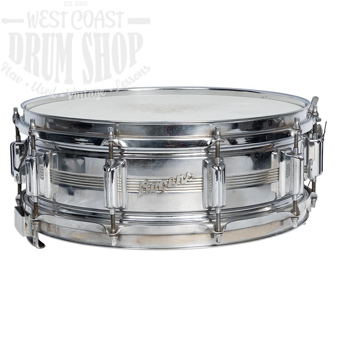 Vintage Rogers 5-Line Dyna-Sonic 5x14 Brass Snare Drum with Beavertail Lugs 1960s