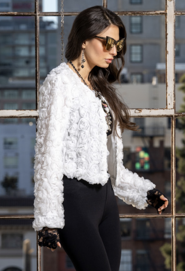 3D Rose Embellished Crop Jacket - 36721