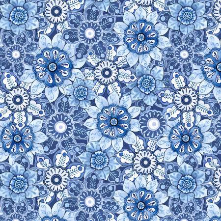 Blooming Blue Large Floral by Wilmington Prints 27688-441 Packed Floral Multi sold by the 1/2 yd.