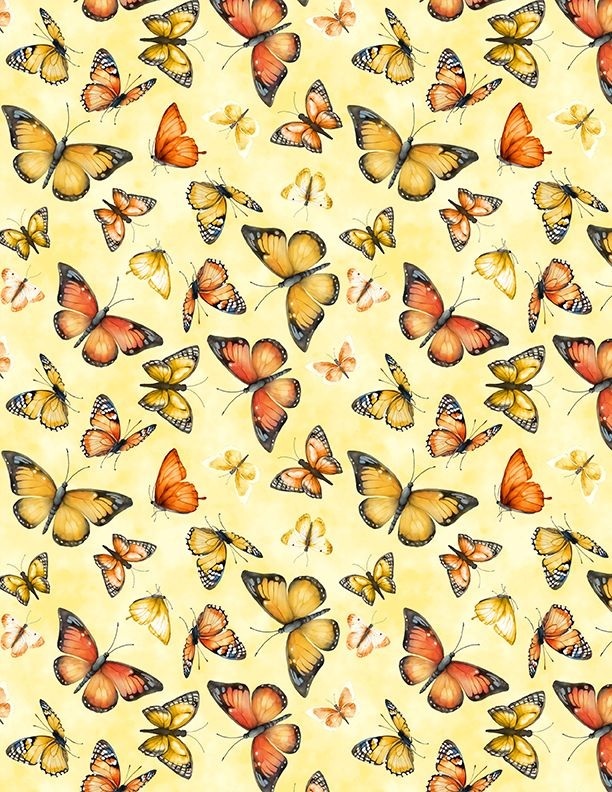 Dahlia Botanica Butterflies by Nancy Mink for Wilmington Prints 33926-558 Yellow sold by the 1/2 yd.