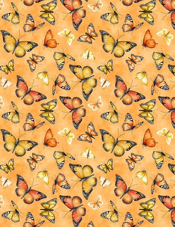 Dahlia Botanica Butterflies by Nancy Mink for Wilmington Prints 33926-858 Orange sold by the 1/2 yd.