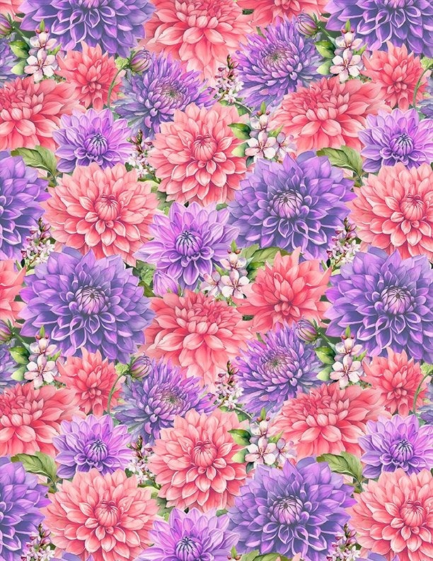 Dahlia Botanica Packed Floral by Nancy Mink for Wilmington Prints 33924-367 Pink/Purple sold by the 1/2 yd.