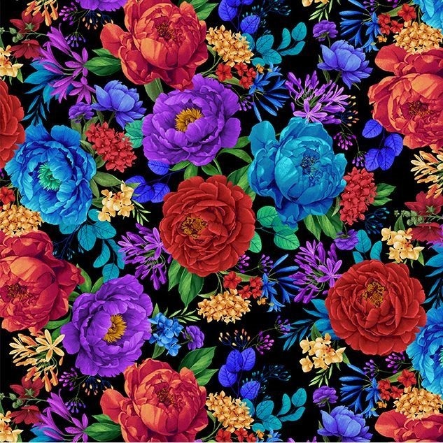 Hacienda Bright Floral  by Chong-a Hwang for Timeless Treasures CD 3902 Black sold by the 1/2 yd.