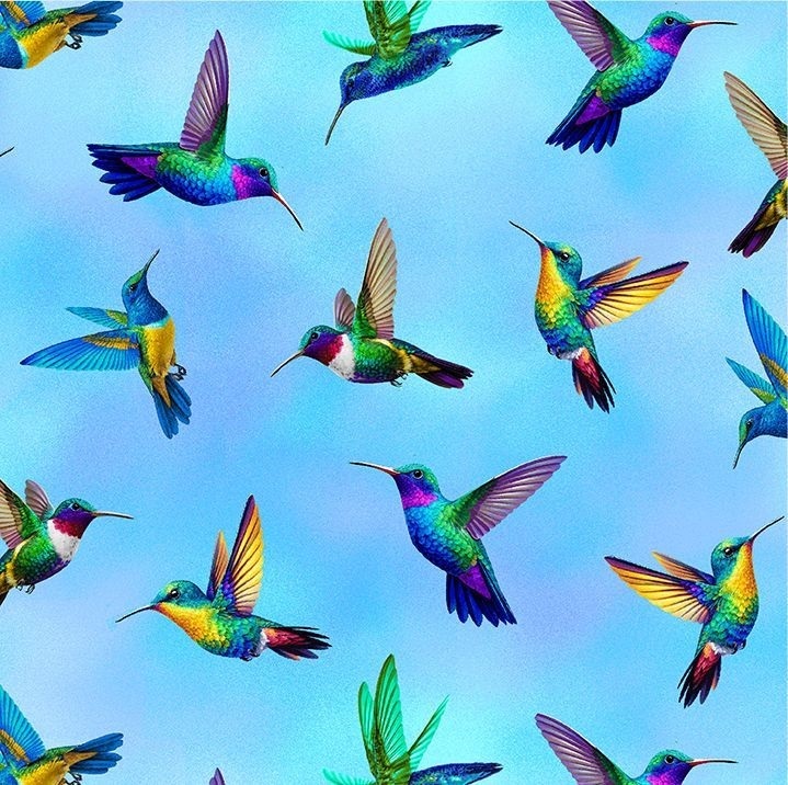 Hacienda Flying Hummingbirds  by Chong-a Hwang for Timeless Treasures CD 3904 Blue sold by the 1/2 yd.