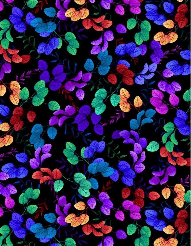 Hacienda Tossed Bright Leaves  by Chong-a Hwang for Timeless Treasures CD 3903 Black sold by the 1/2 yd.