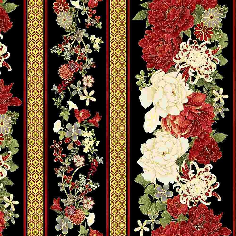 Kyoto Garden Border Stripe by Chong-A Hwang for Timeless Treasures CM1667-Black sold by the 1/2 yd.