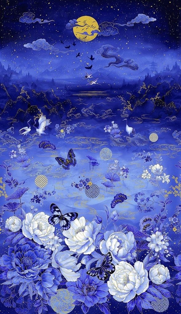 Moonlight Asian Panel  Metallic by Chong-a Hwang for Timeless Treasures LOTUS-CM3980 Ocean 24X44