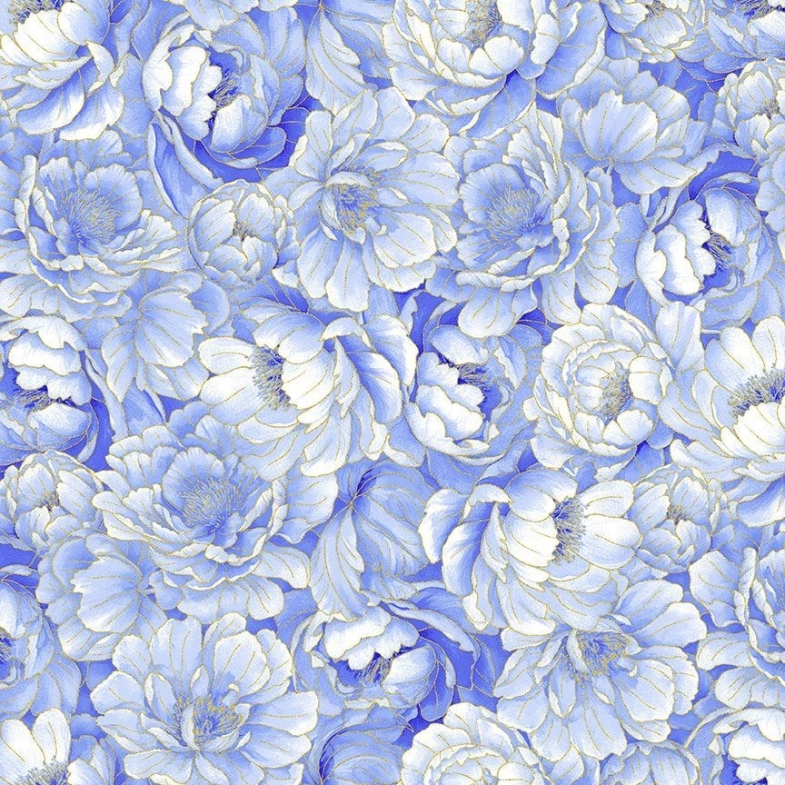 Moonlight Floral Packed Metallic by Chong-a Hwang for Timeless Treasures LOTUS-CM3983-Blue sold by the 1/2 yd.
