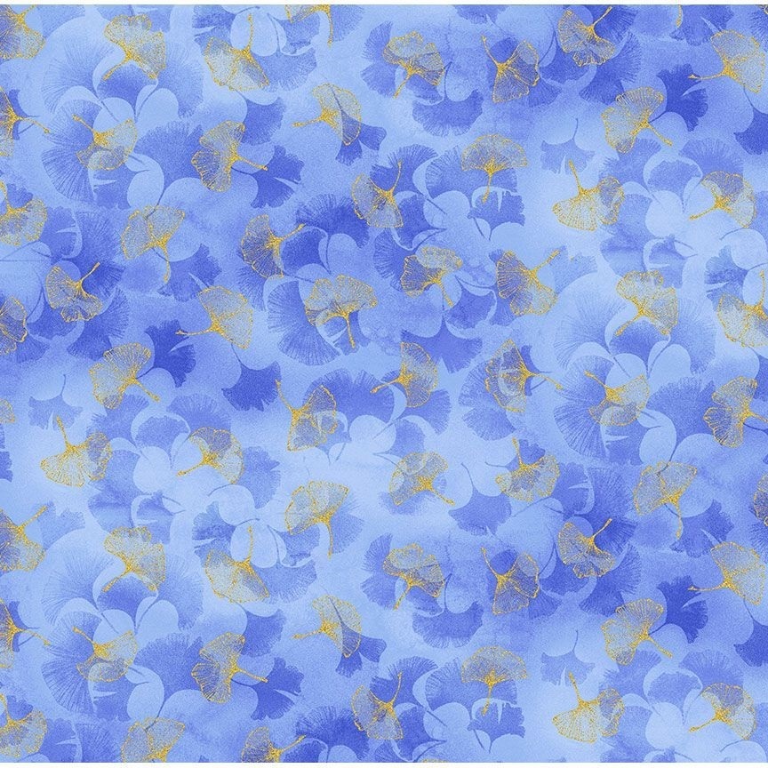 Moonlight Ginko Metallic Leaves by Chong-a Hwang for Timeless Treasures LOTUS-CM3985 Blue sold by the 1/2 yd.