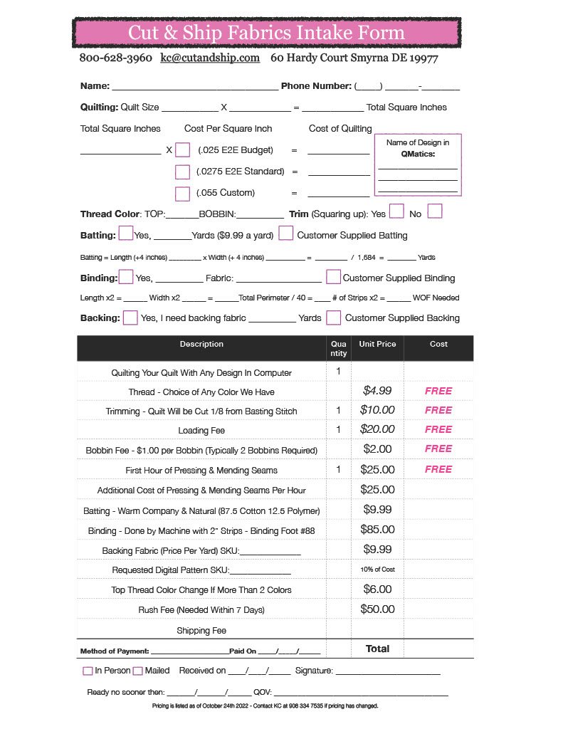 Longarming Services Cut & Ship Fabrics Smyrna Delaware 19977