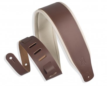 Levy's 3 brown top grain leather guitar strap with foam padding wrapped in cream garment leather