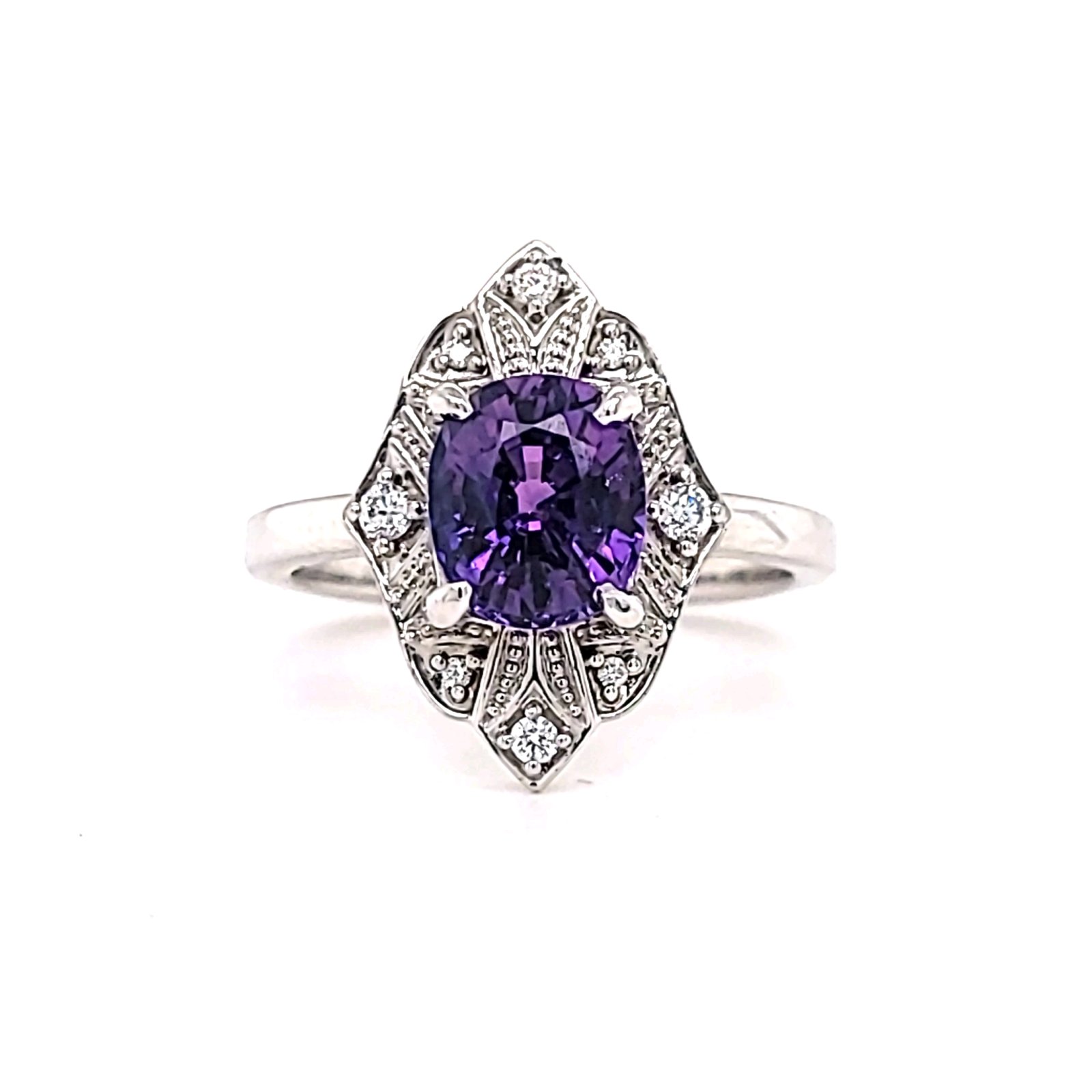 Purple Sapphire Diamond Ring 2.49ctw Purple Color Change Oval Sapphire .10ctw Diamonds in 14K White Gold