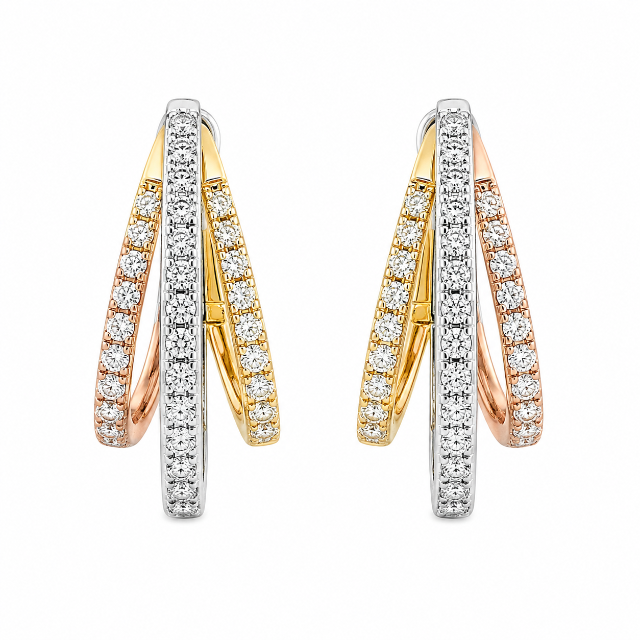 14K Tri-Color Gold Diamond Triple Hoop Earrings 1.02ctw