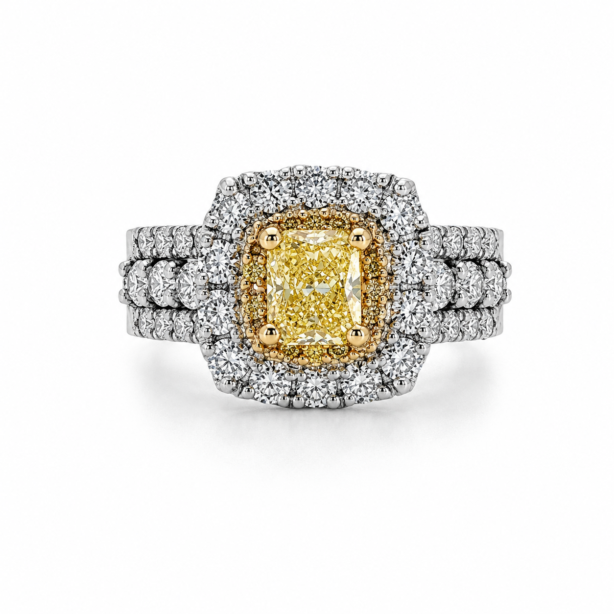 14K Gold GIA Certified Fancy Yellow Cut-Cornered Rectangular Modified Brilliant Diamond, Yellow & White Diamond Halo Ring 2.05ctw