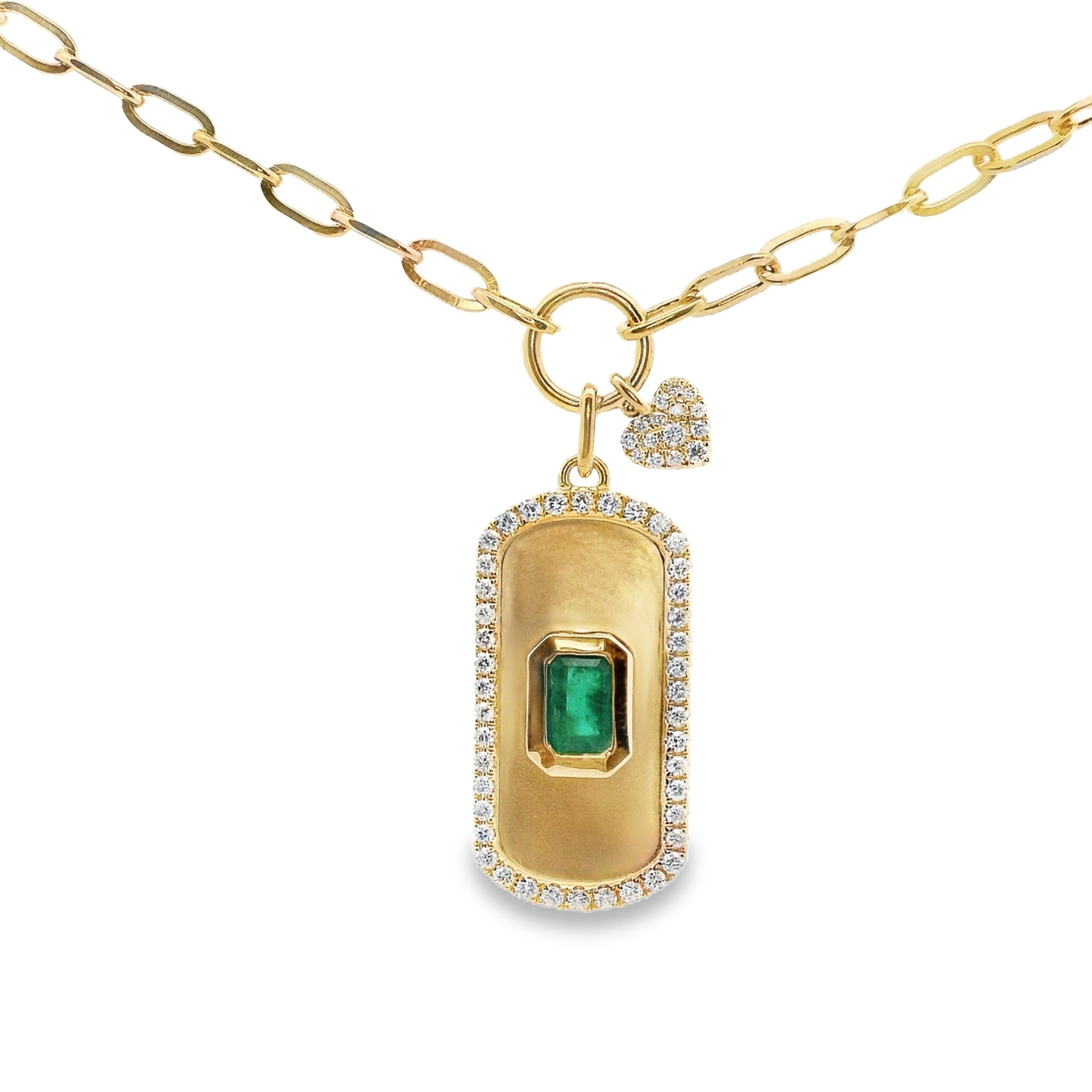14K Yellow Gold Emerald & Diamond Dog Tag Pendant with Paperclip Chain 0.88ctw