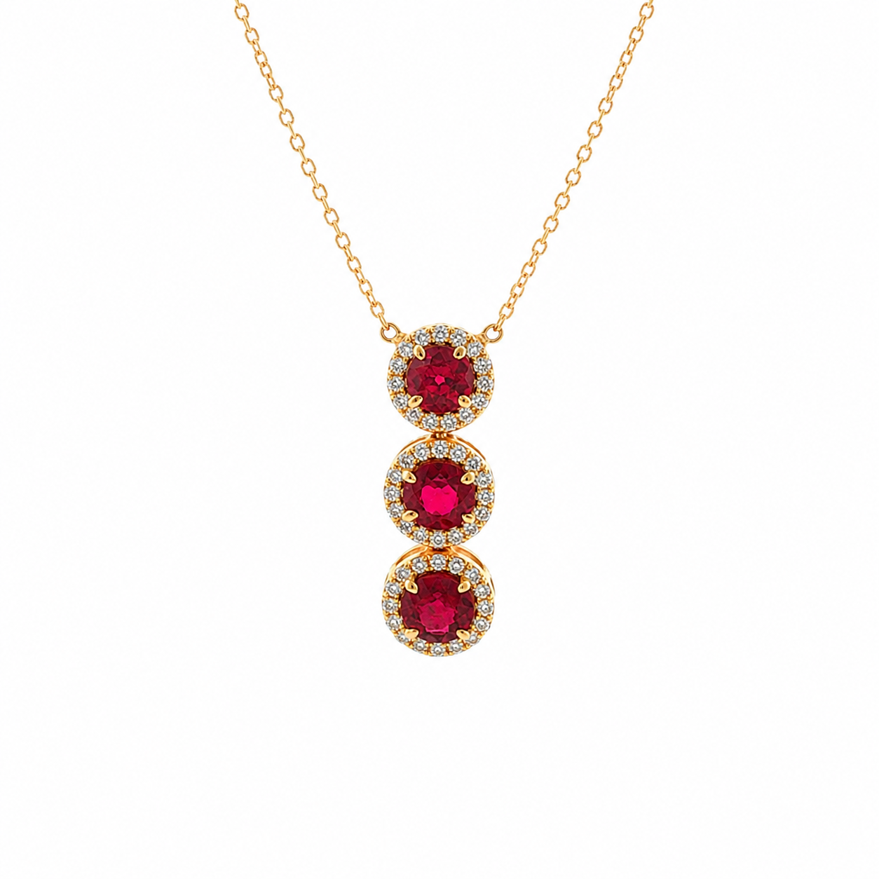 18K Yellow Gold Ruby & Diamond Halo 3-Stone Drop Pendant with Chain 1.47ctw