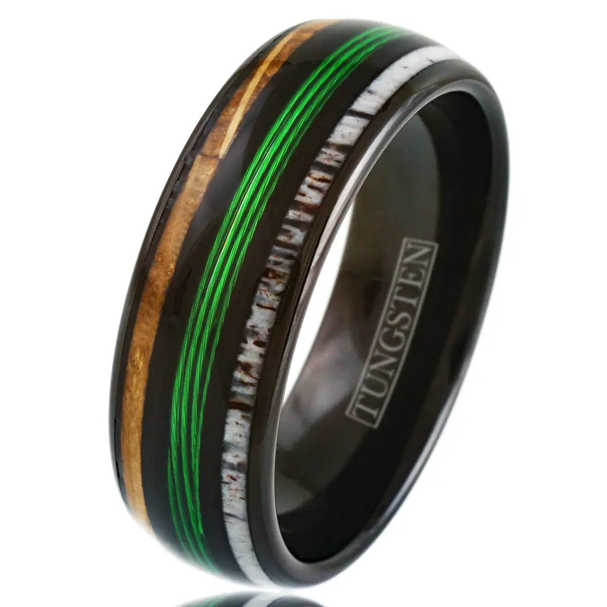 Black Tungsten 8mm Ring with Green Fishing Line, Whiskey Barrel Oak Wood & Deer Antler - Size 9.5