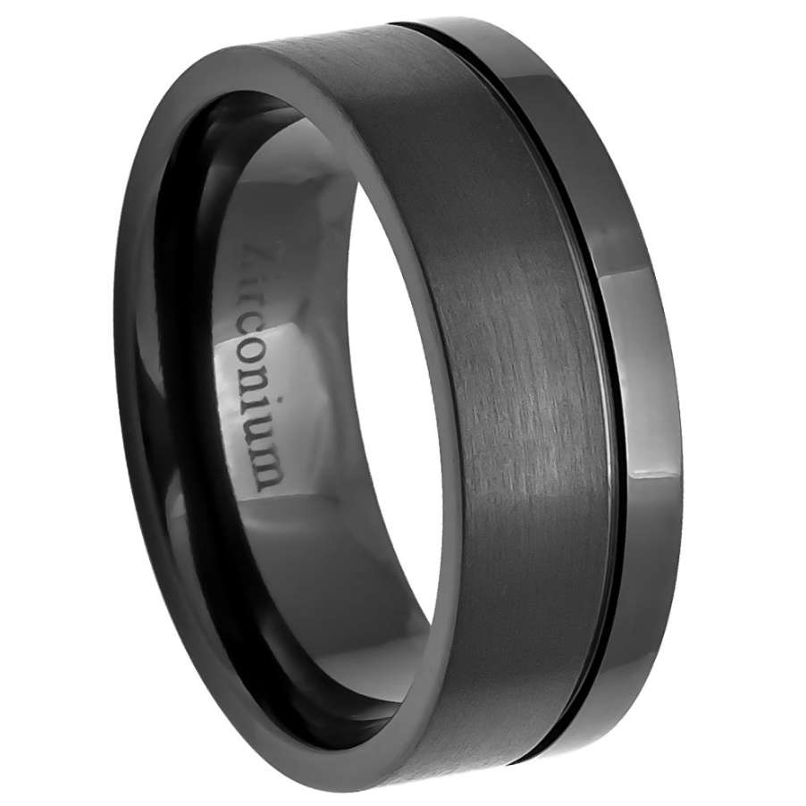 Brushed & High Polish Gun Metal Off-Center Grooved Zirconium Ring - 8mm Size 13