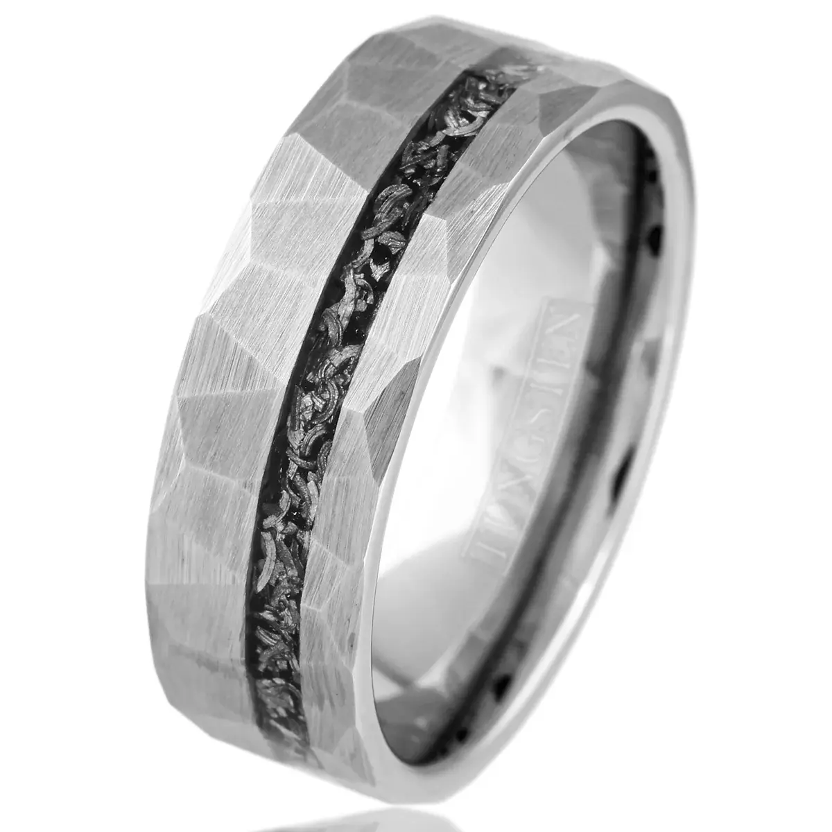 Faceted Brushed Finish Silver Tungsten Ring w/Black Faux Meteorite Inlay - 8mm Size 11