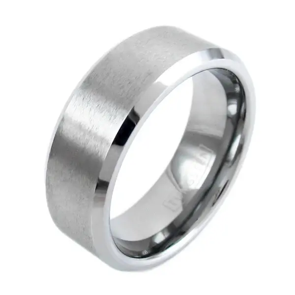 Polished Silver Tungsten Ring w/Satin Brushed Finish Strip & Beveled Edges - 6mm Size 10