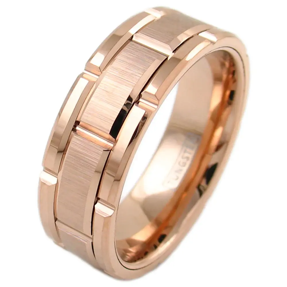 Rose Gold Tungsten Ring w/Brushed Finish & Noticed Band - 8mm Size 11