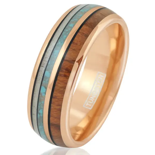 Rose Gold Tungsten Ring w/Deer Antler, Blue Turquoise & Koa Wood Inlay 8mm Size 9