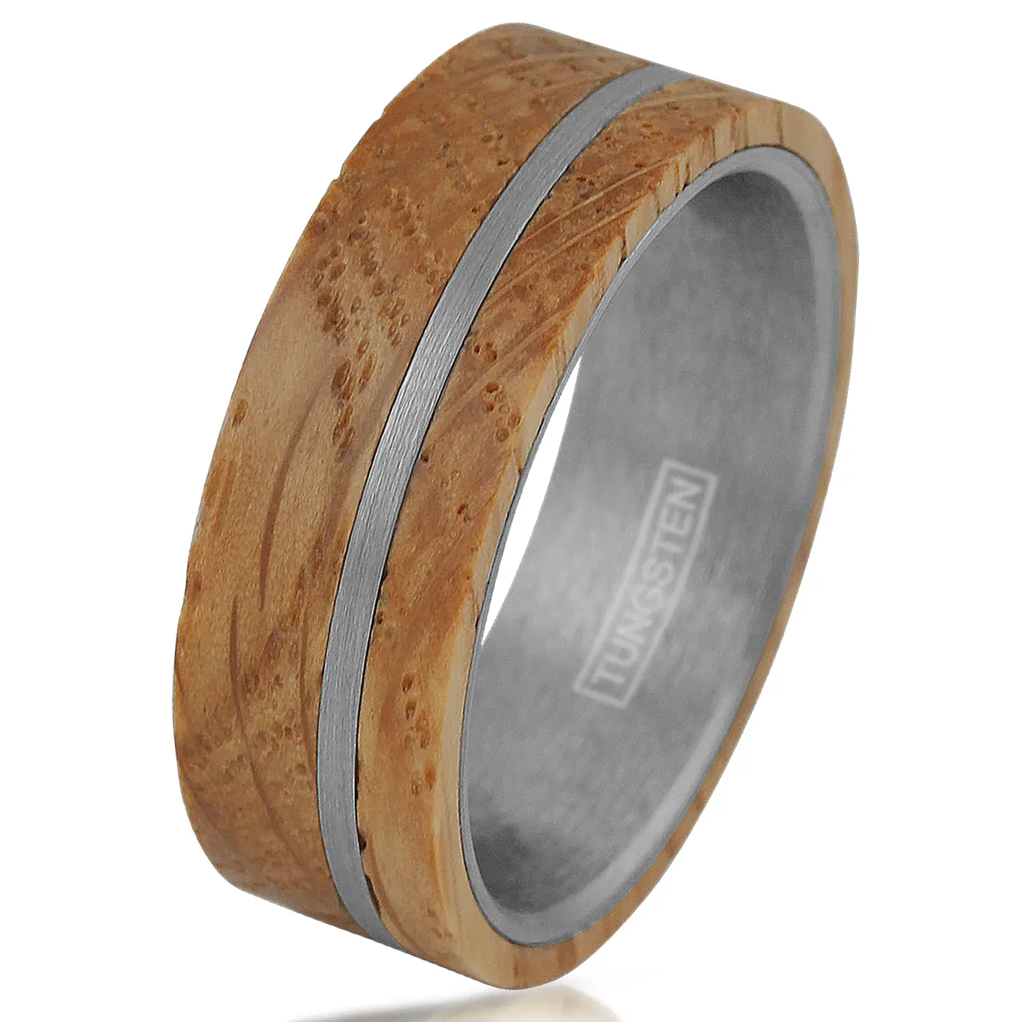 Silver Tungsten Ring w/Whiskey Barrel Oak Wood Overlay - 8mm Size 10.5