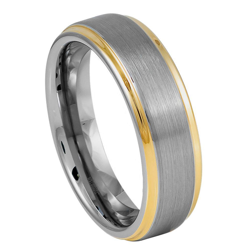 Tungsten Ring - Brushed Center Yellow Gold Plated High Polish Stepped Edge - Size 11