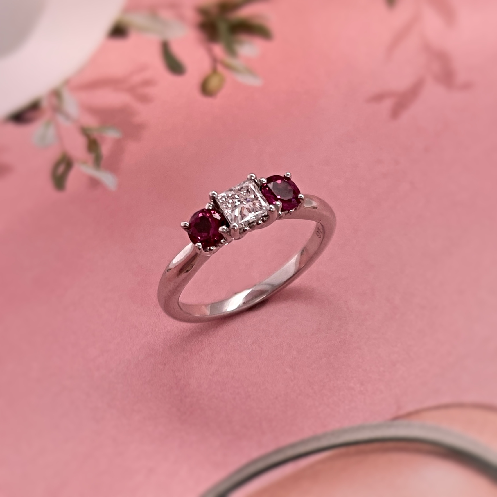14k White Gold 3 Stone Ring - 4x4mm .39ct GHSI Lab Grown Diamond + .61ctw Rhodolite Garnets