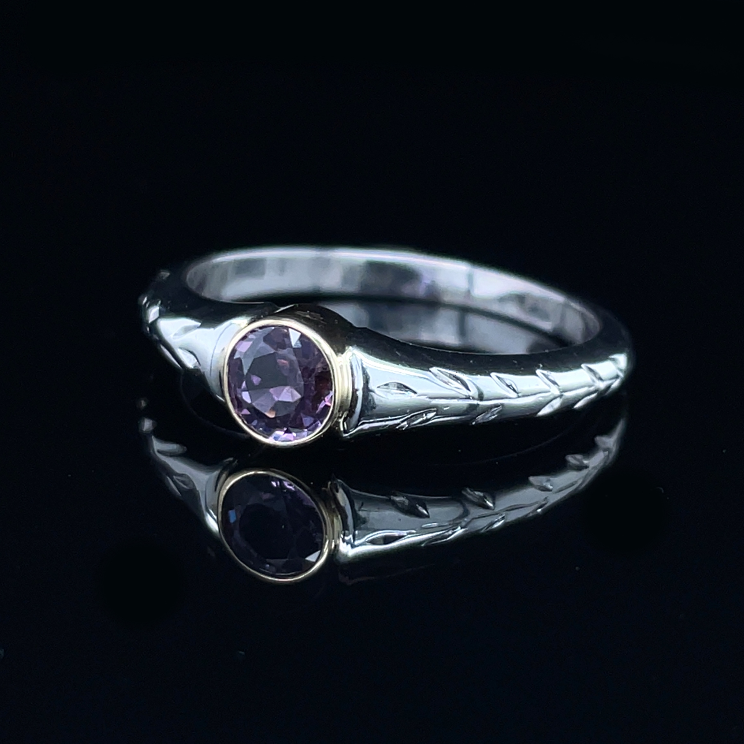 14k White Gold Vine detailed Ring with 14K Yellow gold Bezel set with a Fancy Purple/Pink Sapphire 5.23mm SIze 9.5