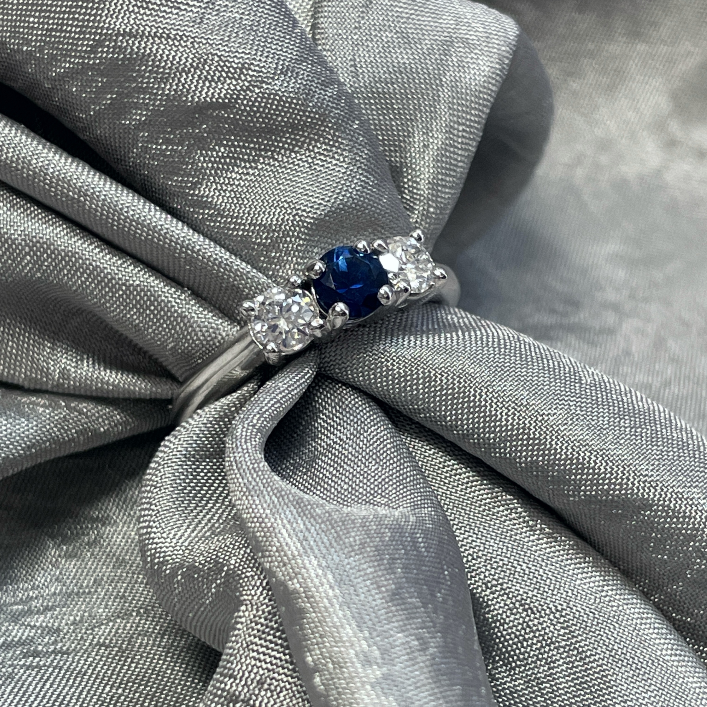 14k White Three stone Engagament Ring with .49 Ct A Quality Ceylon Sapphire Center and .43ctw LAB diamonds G-H SI1-2
