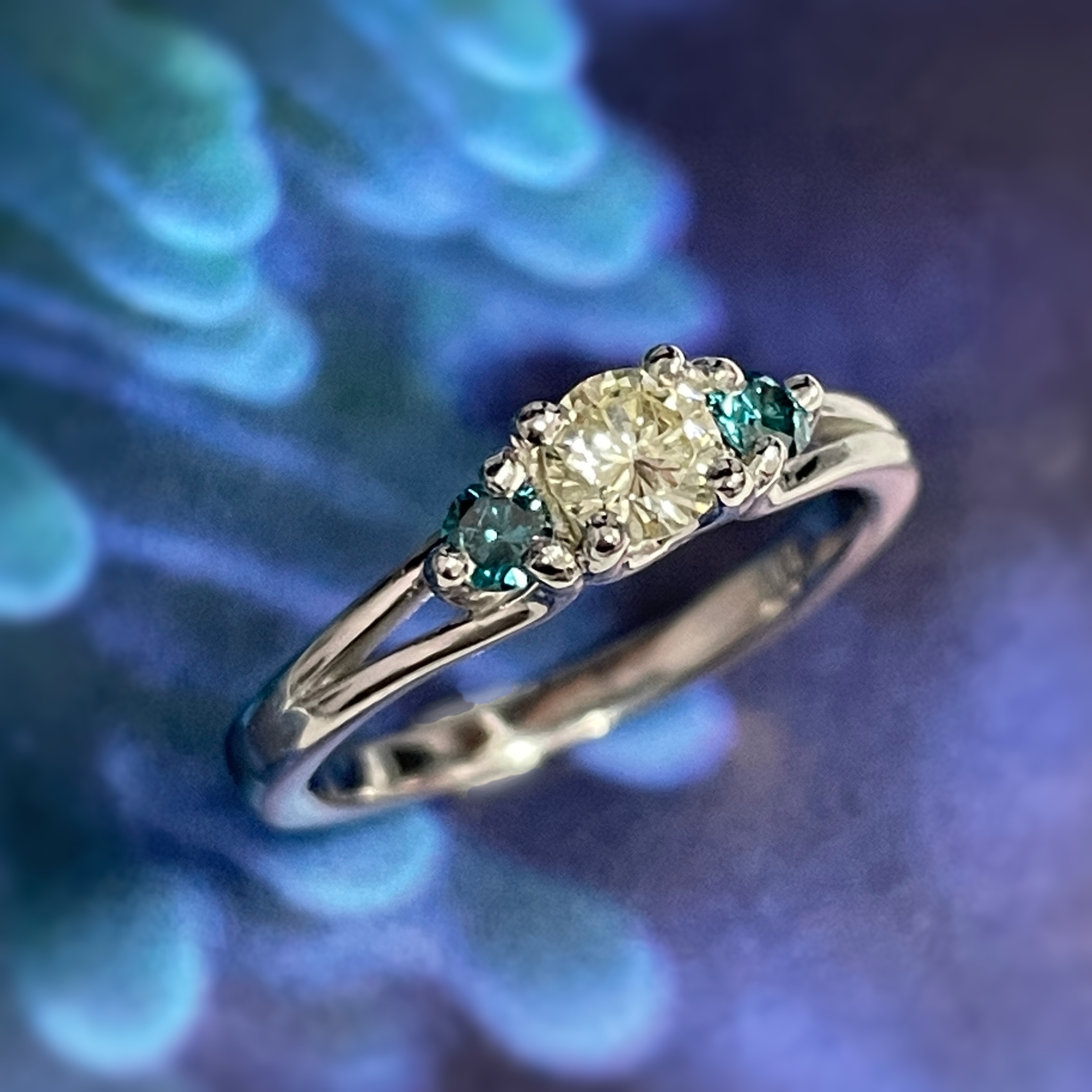 Cobalt Platinum Trellis Engagement ring with .25ct pale yellow center diamond and teal blue side diamonds .14tcw size 4.75