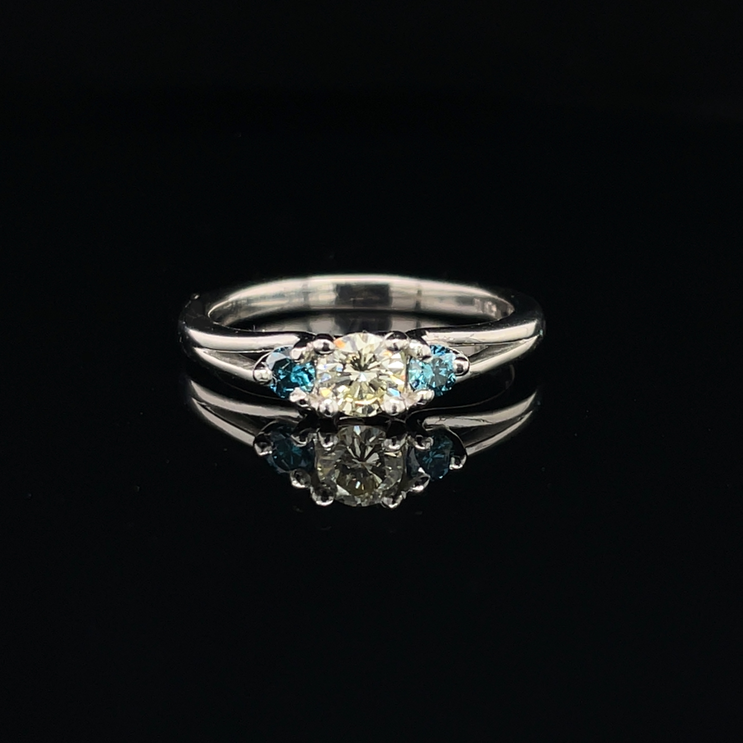 Cobalt Platinum Trellis Engagement ring with .25ct pale yellow center diamond and teal blue side diamonds .14tcw size 4.75