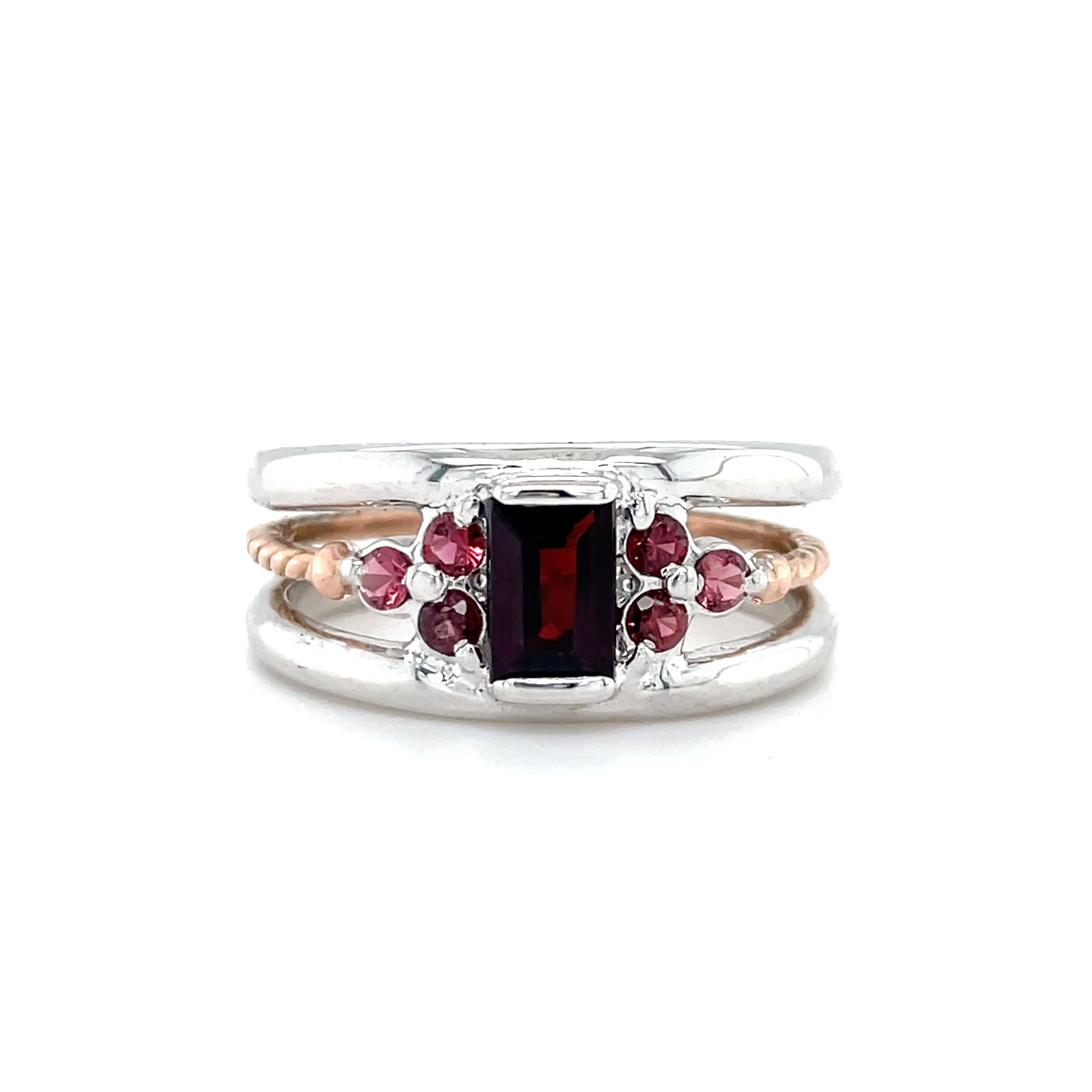 ESTATE 14k Two tone Garnet (Rhodolite rounds, Mozambique Baguette center) ring size 8.5