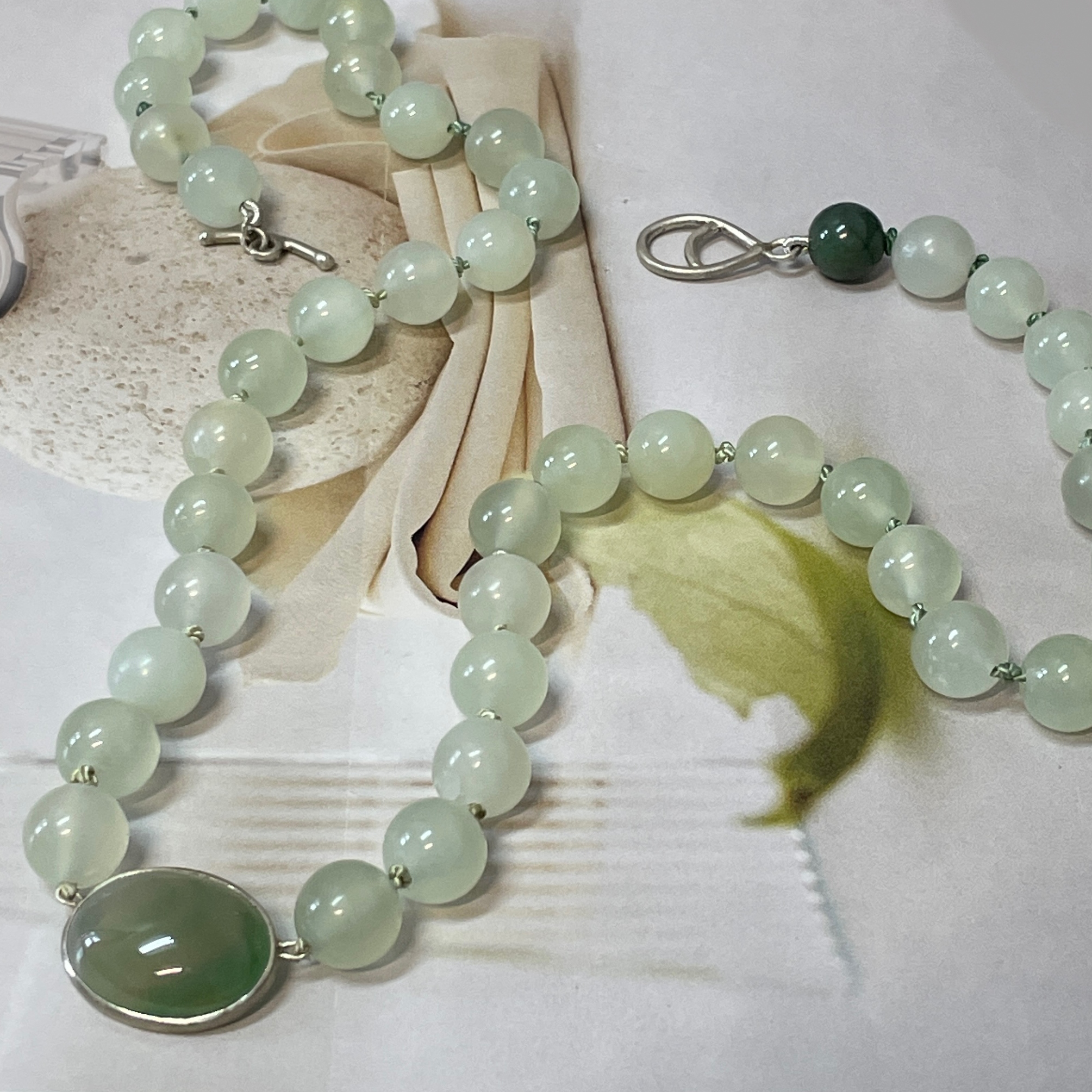One of a Kind Chalcedony Beaded Necklace with Sterling Silver Handmade Center and Clasp