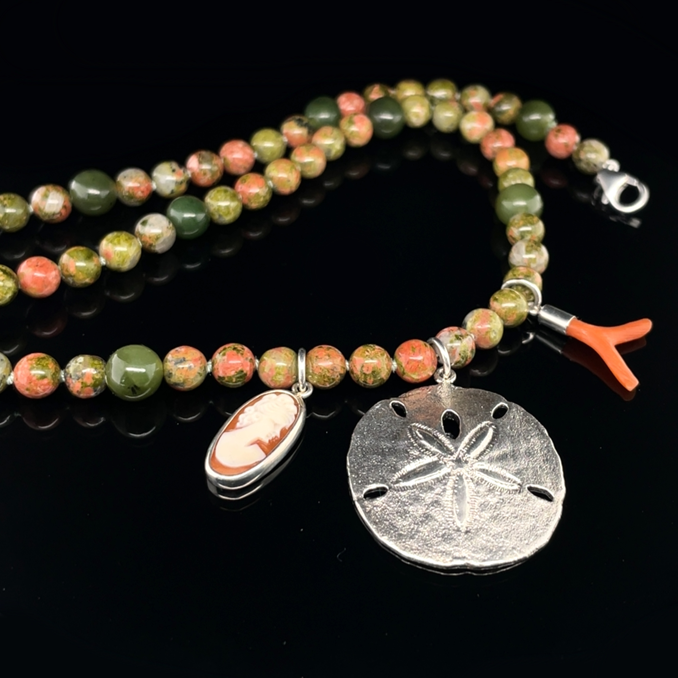 Sand dollar (1), coral (18mm), and cameo (17mm) Unakite necklace with sterling silver hardware - 20