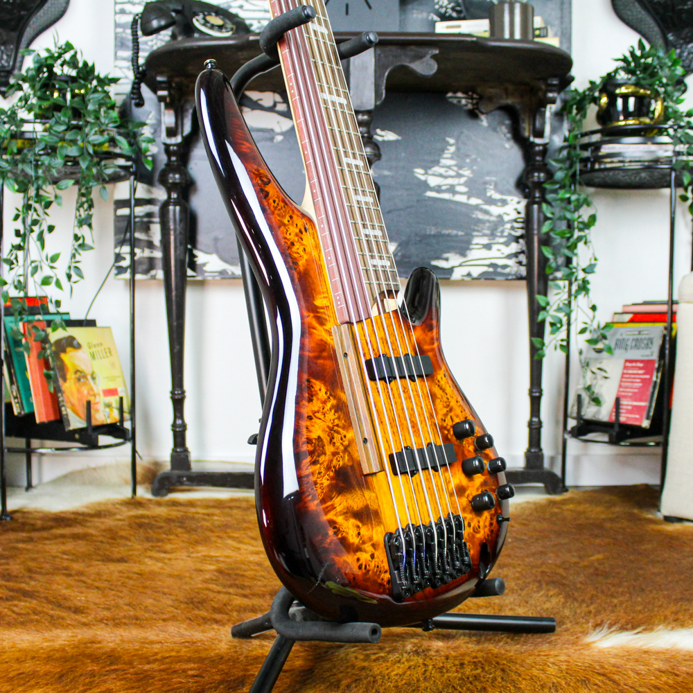 Preowned Ibanez Soundgear SRAS7 Bass Workshop Hybrid 7-String Fretless/Fretted Electric Bass Guitar - Dragon Eye Burst Gloss w/ Ibanez HSC