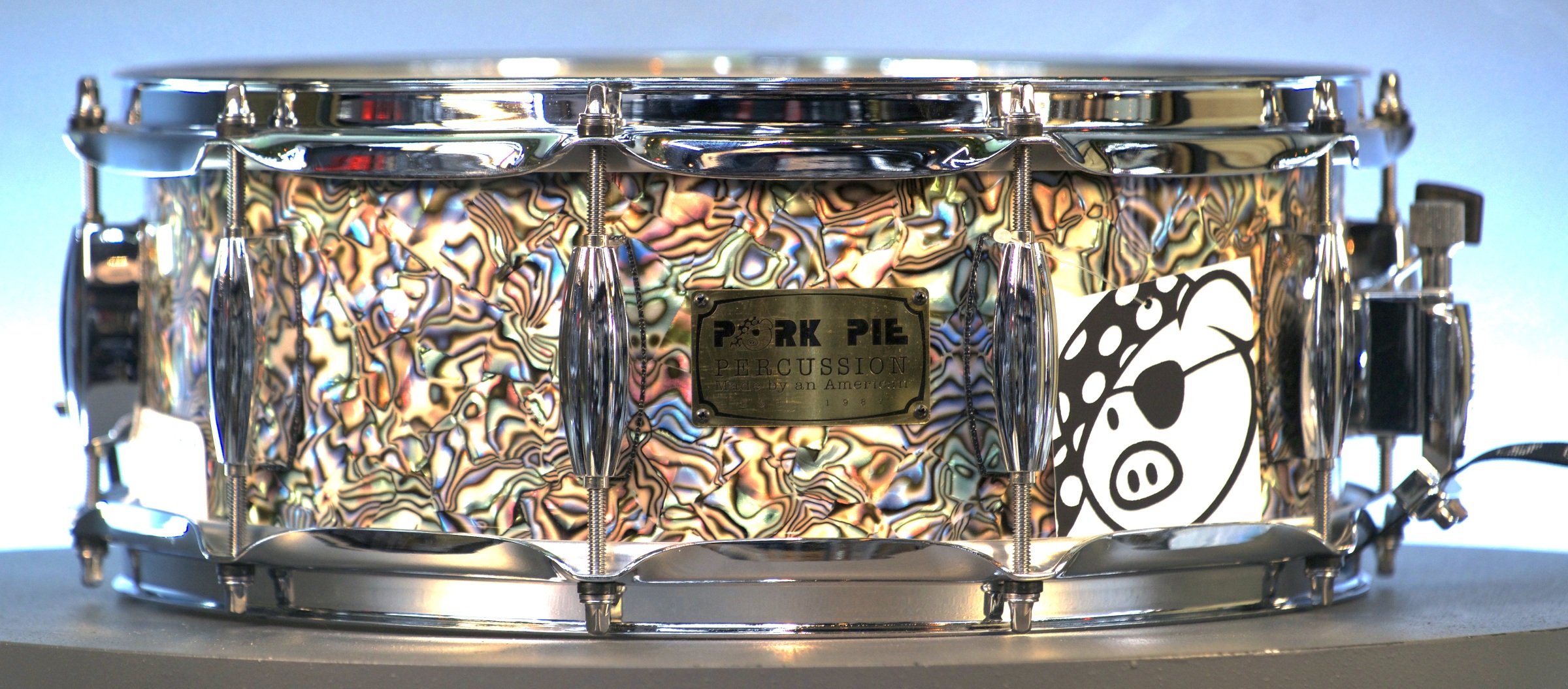 Pork Pie Percussion 5.5 X 14 CUSTOM SNARE DRUM MAPLE/MAHOGANY SHELL IN PEACOCK ABALONE FINISH	