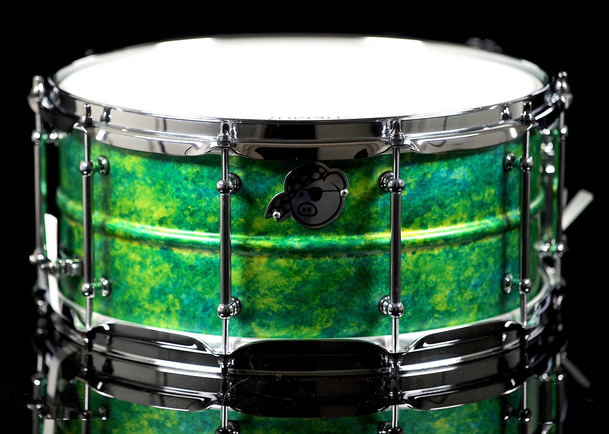 Pork Pie Percussion 6.5 x 14 Brass Snare Drum in Green Alcohol Ink