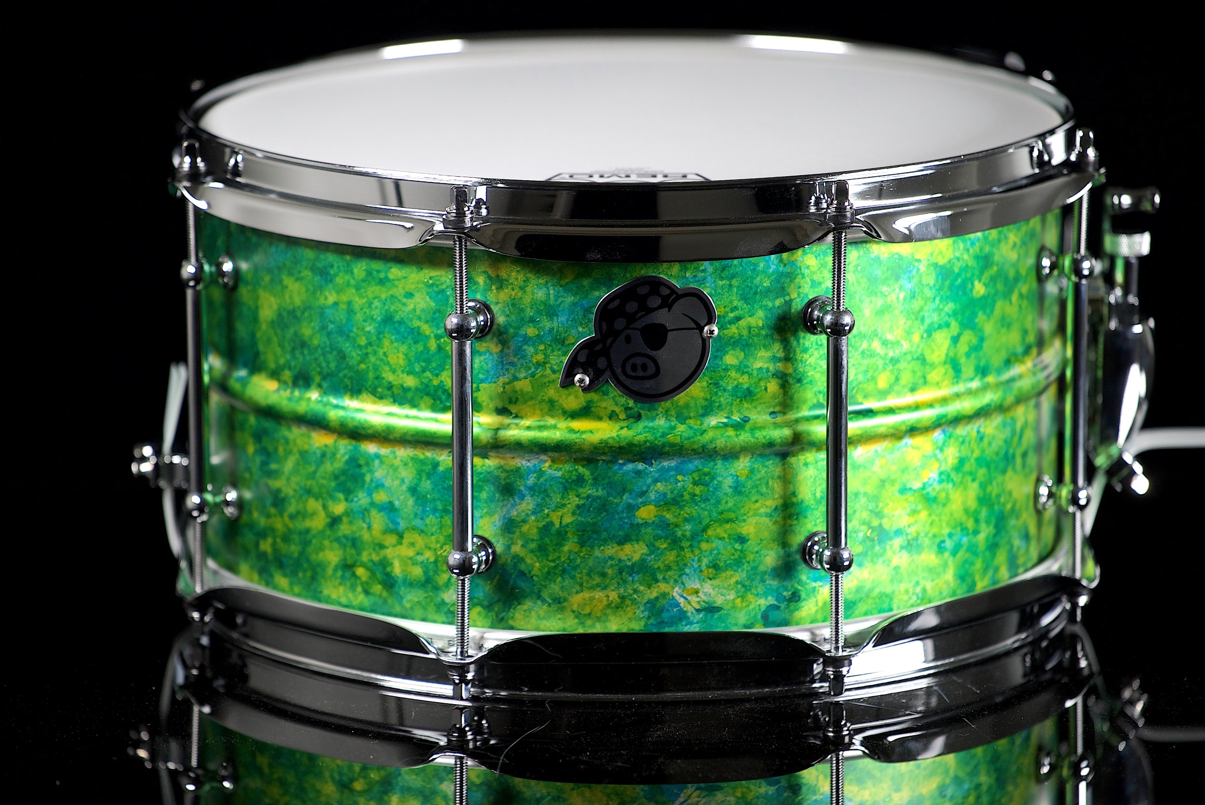 Pork Pie Percussion 7 x 13 Brass Snare Drum in Green Alcohol Ink Finish
