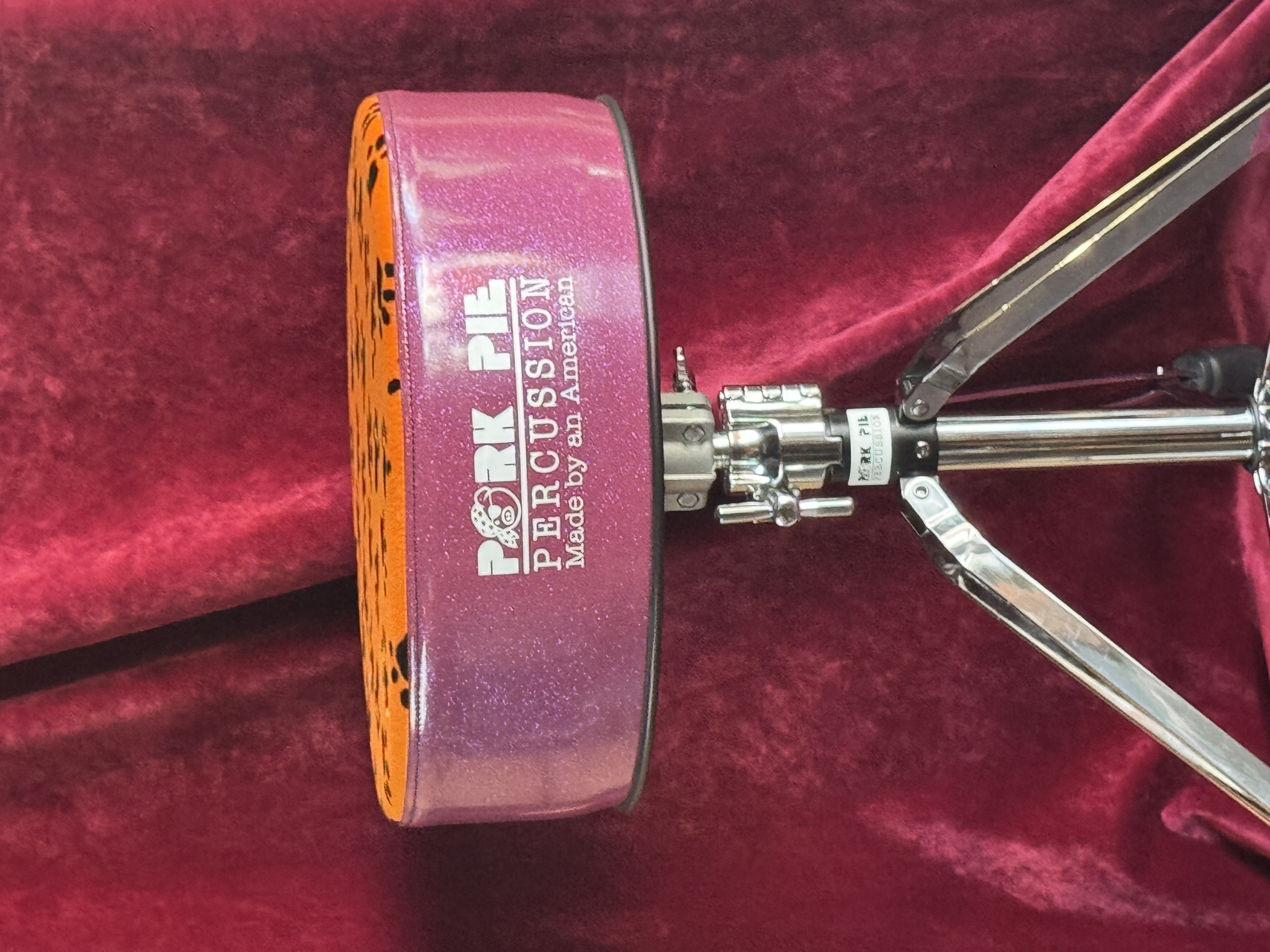Pork Pie Percussion Round Throne - Purple Sparkle Side w/ Orange Tiger Paw Top