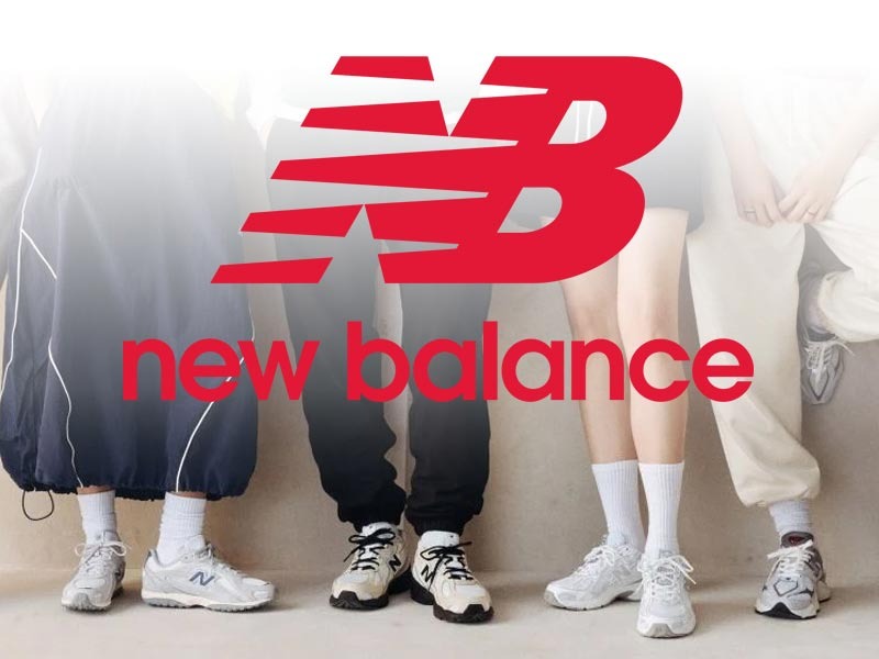 New Balance Shoe Logo overlaid on image of multiple people's shoes